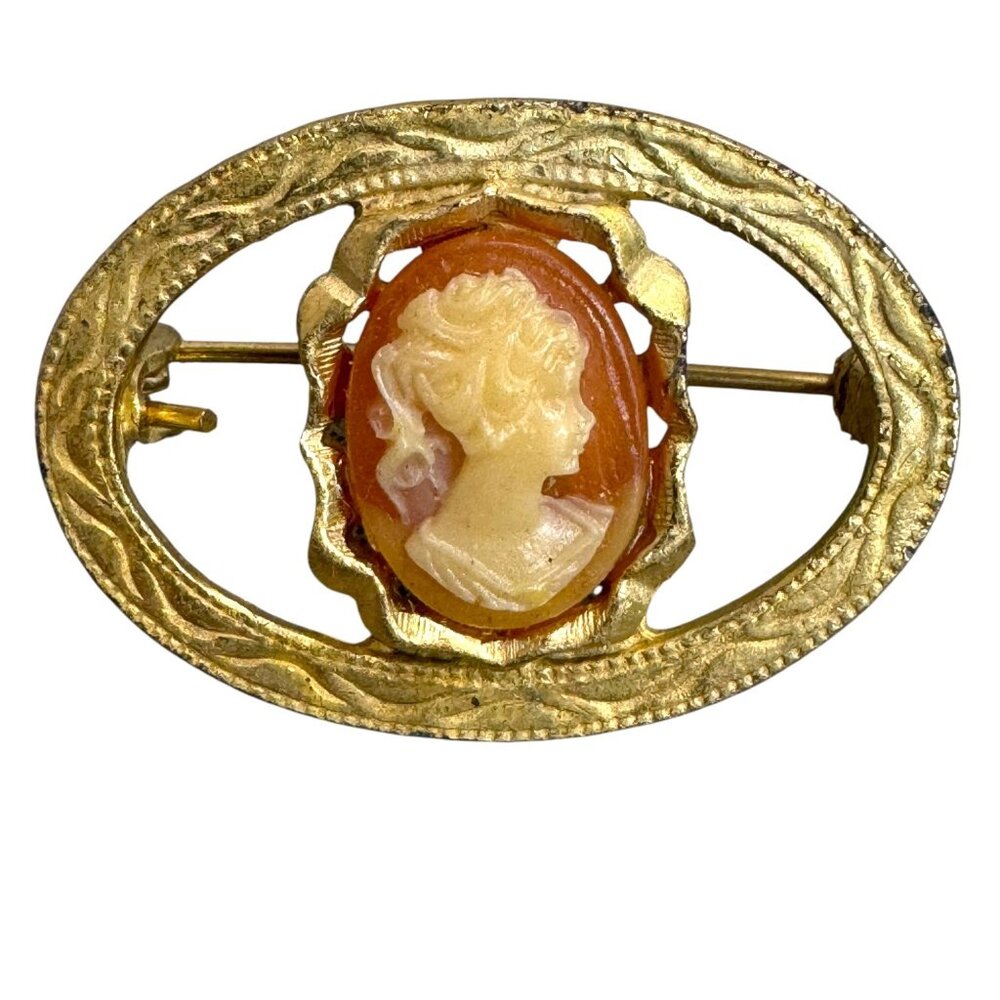 Vintage Gold Toned Cameo Oval Brooch Pin Art Deco Silhouette 1" Small 1928